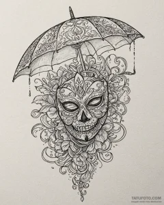 Tattoo sketch, paprika with mask and umbrella... - эскиз тату (№1753197010_0, 22.07.2025 15:10) — Tatufoto.com