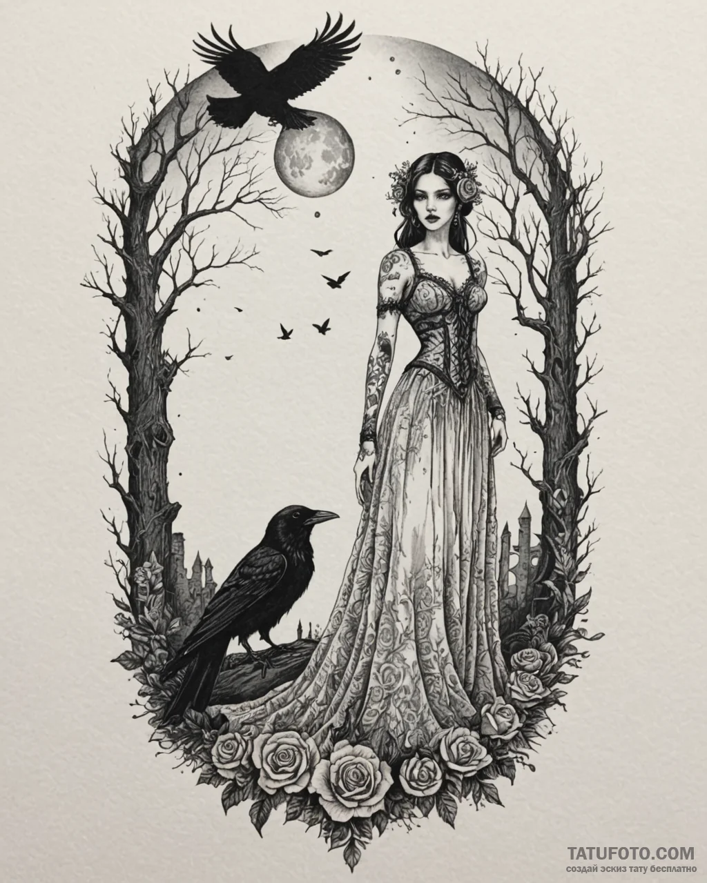 Tat tattoo sketch, goth figure standing in mo... - эскиз тату (№1753197434_0, 22.07.2025 15:17) — Tatufoto.com