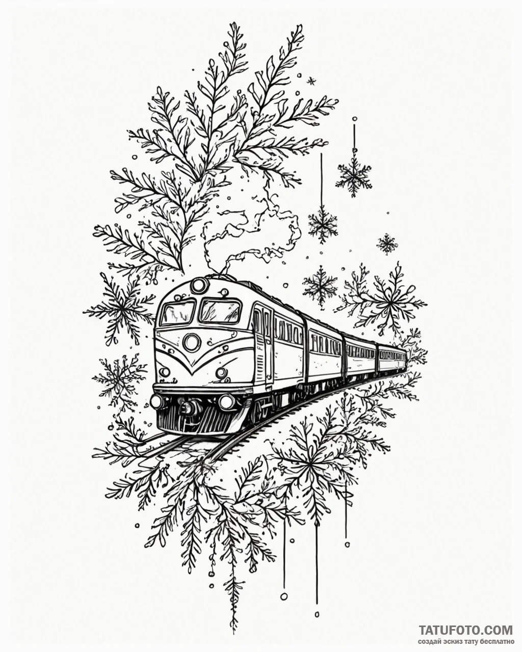 Tattoo sketch, snowflakes falling with train... - эскиз тату (№1753197605_0, 22.07.2025 15:20) — Tatufoto.com