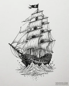 Tattoo sketch, old pirate ship sailing with t... - эскиз тату (№1753198029_0, 22.07.2025 15:27) — Tatufoto.com