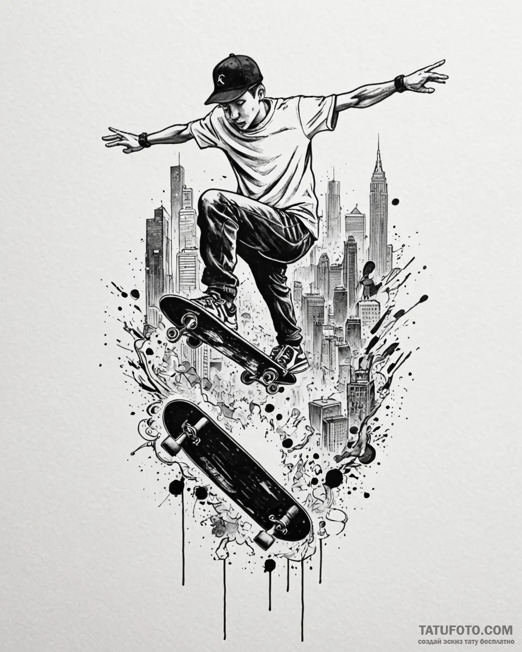 Tat tattoo sketch, skateboarding figure mid-a... - эскиз тату (№1753199387_0, 22.07.2025 15:49) — Tatufoto.com