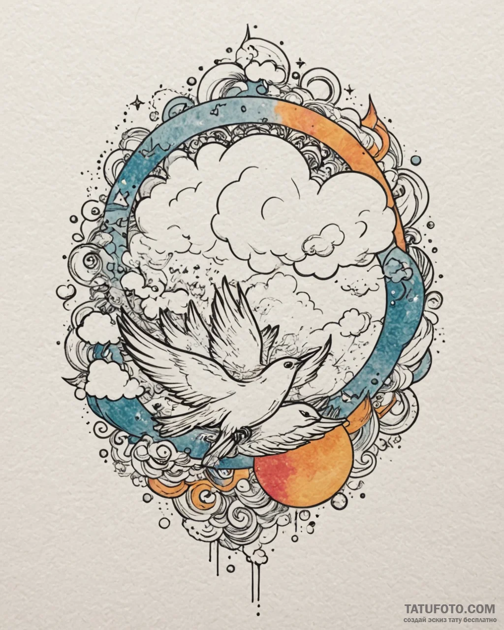 небесные птицы и облака, artistic tattoo sket... - эскиз тату (№1753199641_0, 22.07.2025 15:54) — Tatufoto.com