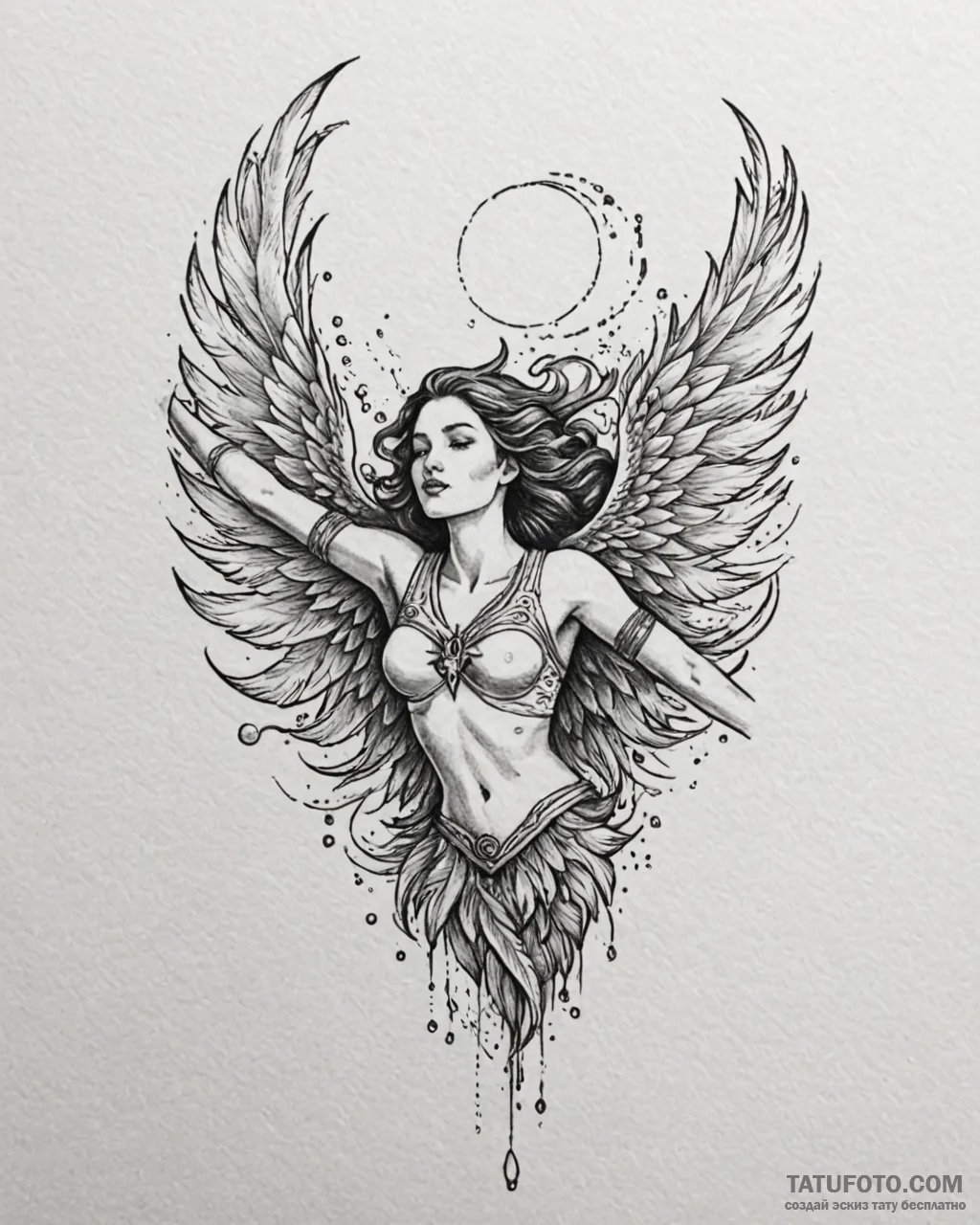 Tattoo sketch, spirit rearing with feathers f... - эскиз тату (№1753199812_0, 22.07.2025 15:56) — Tatufoto.com