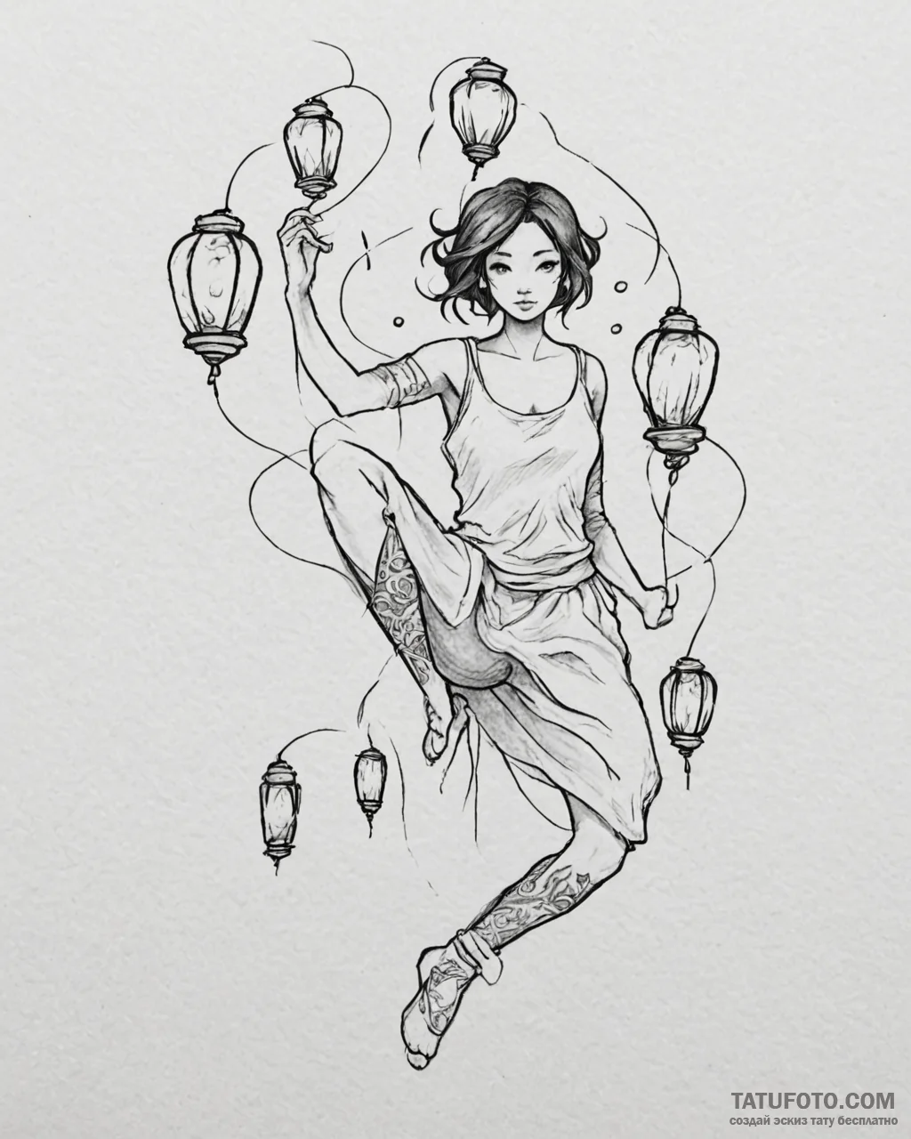 Tattoo sketch, mei lee surrounded by floating… — эскиз тату (№1753201184_0, 22.07.2025 16:19) — Tatufoto.com