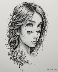 Anime naked girl - реализм (ч/б), цветной акцент - эскиз тату (№1753201185_0, 22.07.2025 16:19) — Tatufoto.com