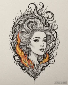 Tat tattoo sketch, nimona with swirling flame... - эскиз тату (№1753202539_0, 22.07.2025 16:42) — Tatufoto.com