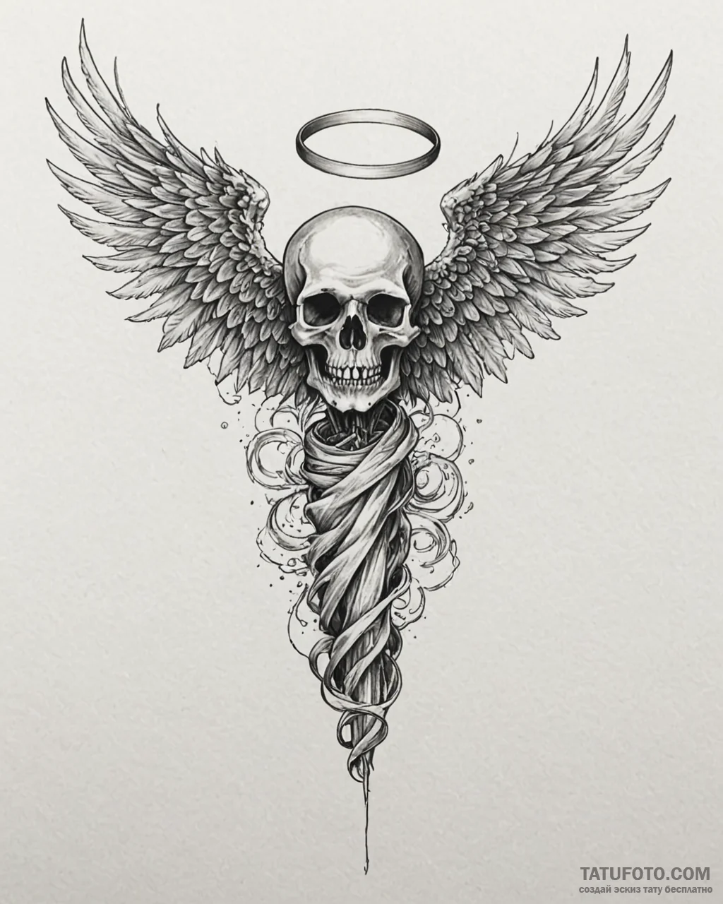 Tat tattoo sketch, skull with vast angel wing... - эскиз тату (№1753202876_0, 22.07.2025 16:47) — Tatufoto.com