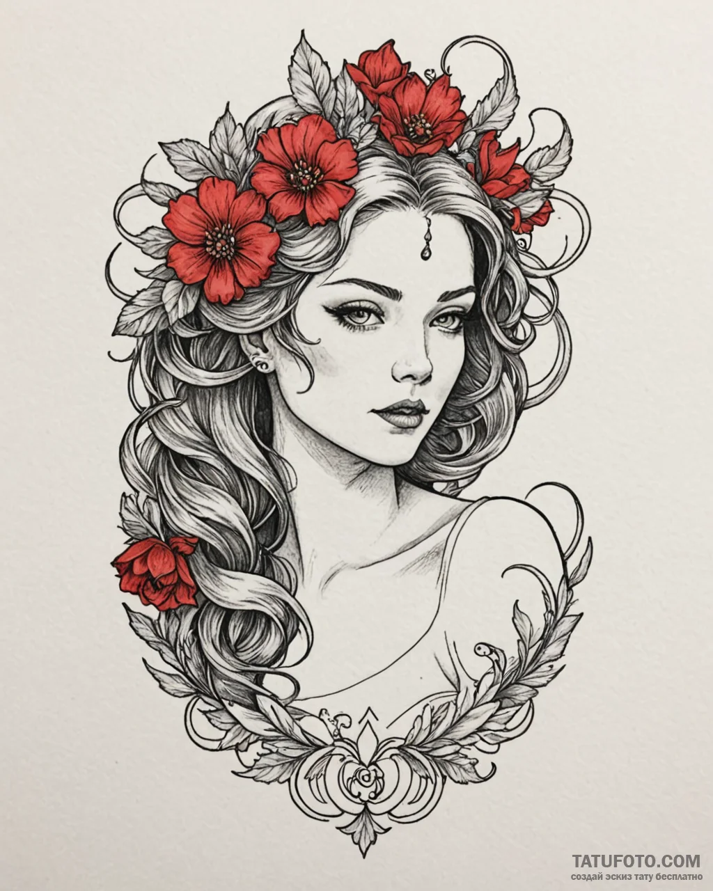 Tattoo sketch, sally with flowers in hair, de... - эскиз тату (№1753203299_0, 22.07.2025 16:54) — Tatufoto.com