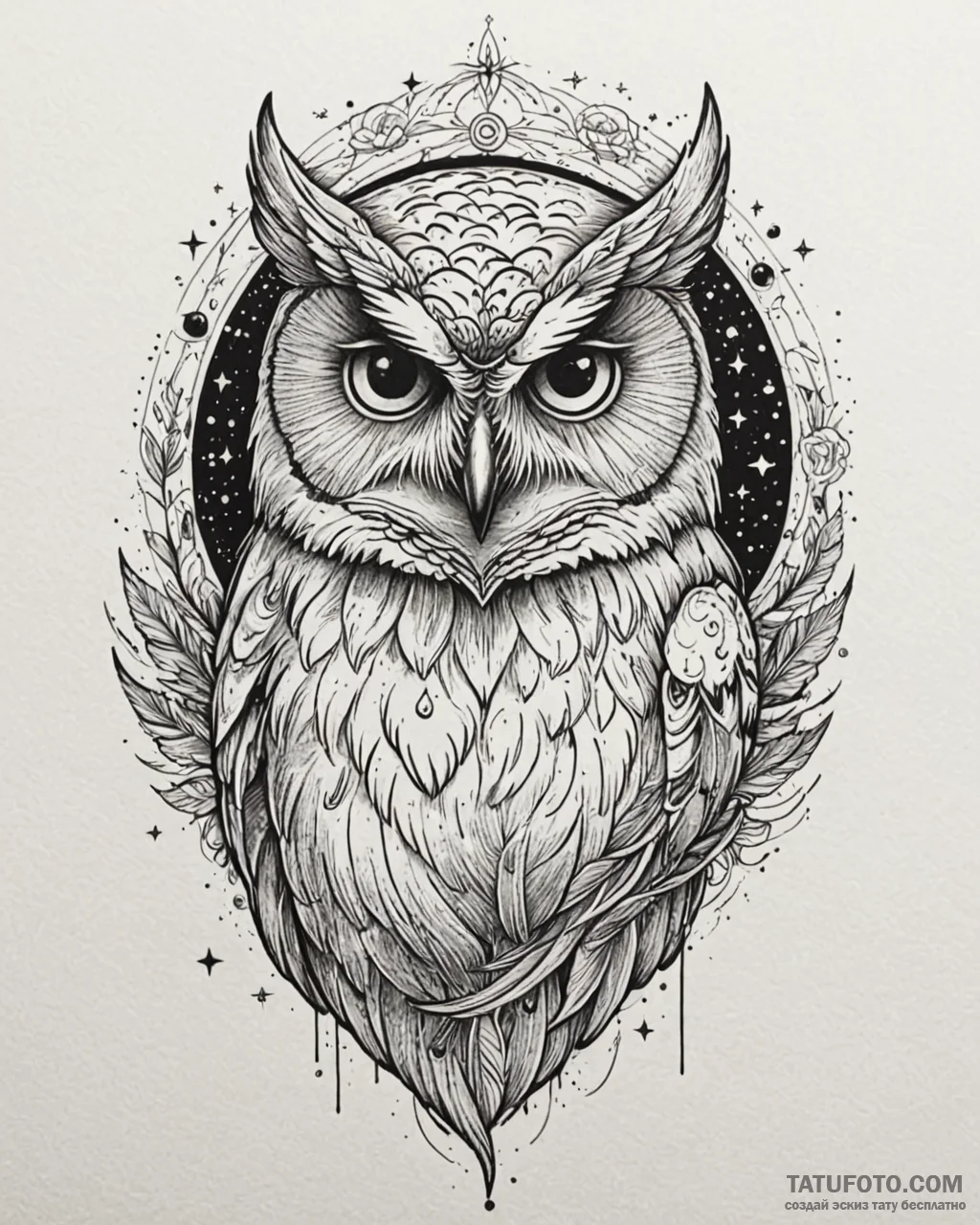 Tat tattoo sketch, cosmic owl with galaxies s… — эскиз тату (№1753203637_0, 22.07.2025 17:00) — Tatufoto.com