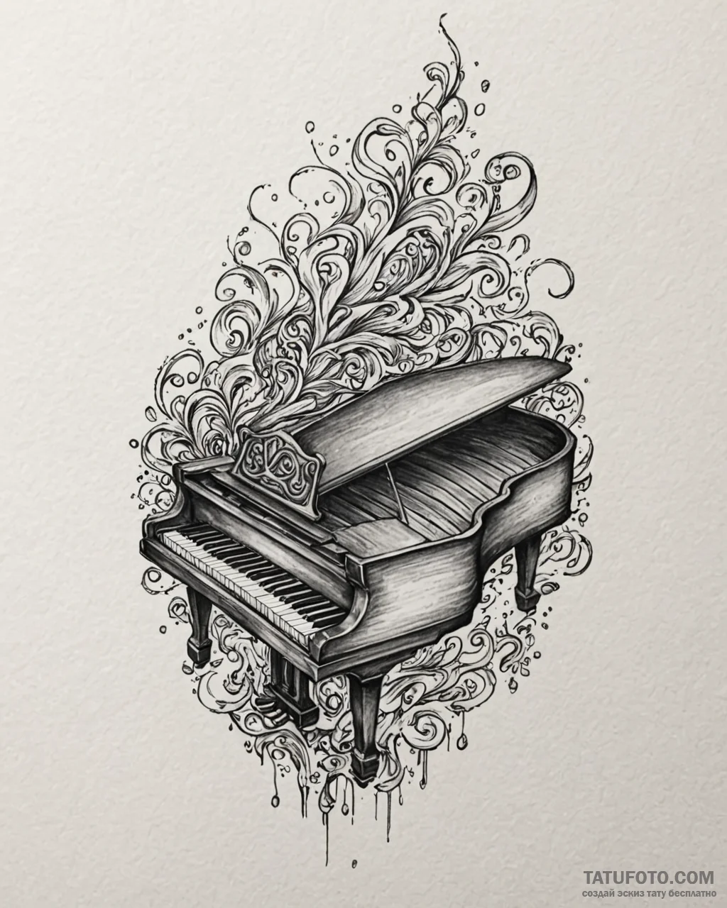 Tat tattoo sketch, piano keys flowing like oc... - эскиз тату (№1753203977_0, 22.07.2025 17:06) — Tatufoto.com
