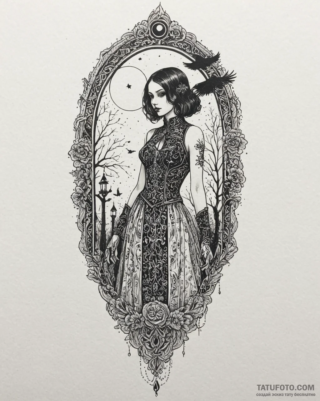 Tat tattoo sketch, goth figure standing in mo... - эскиз тату (№1753204062_0, 22.07.2025 17:07) — Tatufoto.com