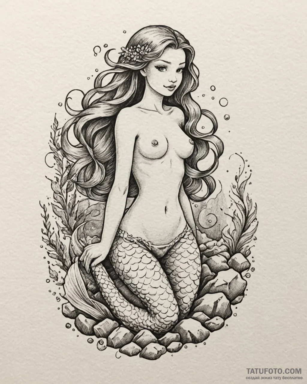 Tat tattoo sketch, enchanting mermaid perched... - эскиз тату (№1753204317_0, 22.07.2025 17:11) — Tatufoto.com