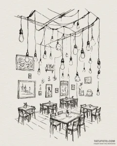 Tat tattoo sketch, cozy café interior with ha... - эскиз тату (№1753205499_0, 22.07.2025 17:31) — Tatufoto.com