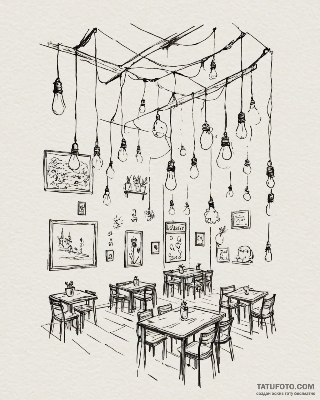 Tat tattoo sketch, cozy café interior with ha… — эскиз тату (№1753205499_0, 22.07.2025 17:31) — Tatufoto.com