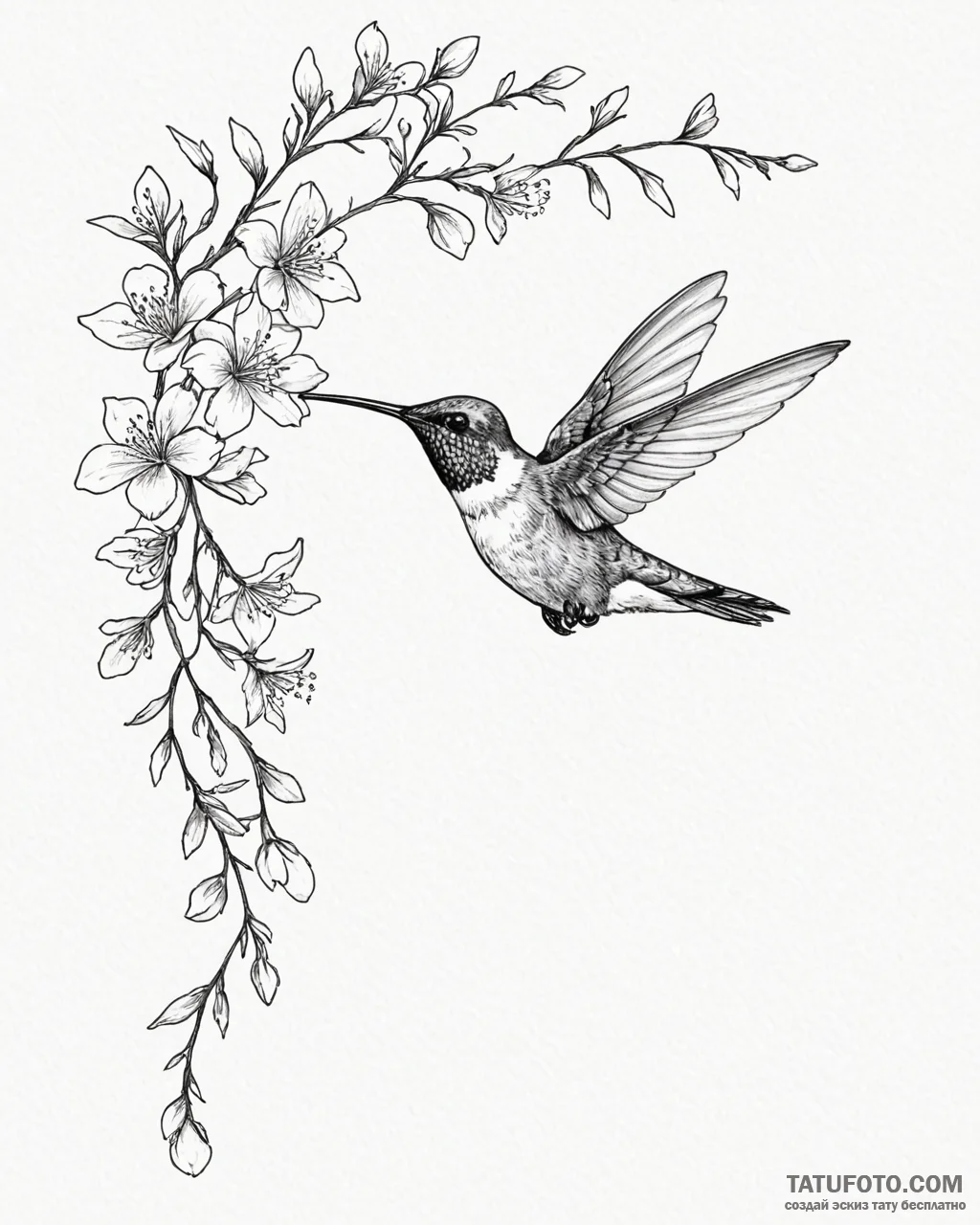 Tattoo sketch, slender hummingbird hovering n... - эскиз тату (№1753206006_0, 22.07.2025 17:40) — Tatufoto.com