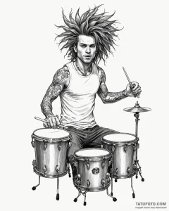 Tattoo sketch, stuart playing drums with wild... - эскиз тату (№1753206768_0, 22.07.2025 17:52) — Tatufoto.com