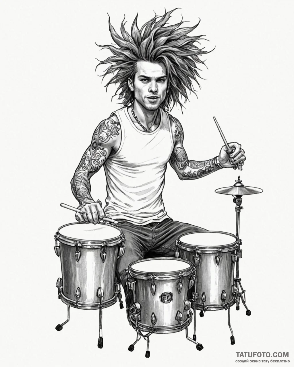Tattoo sketch, stuart playing drums with wild... - эскиз тату (№1753206768_0, 22.07.2025 17:52) — Tatufoto.com