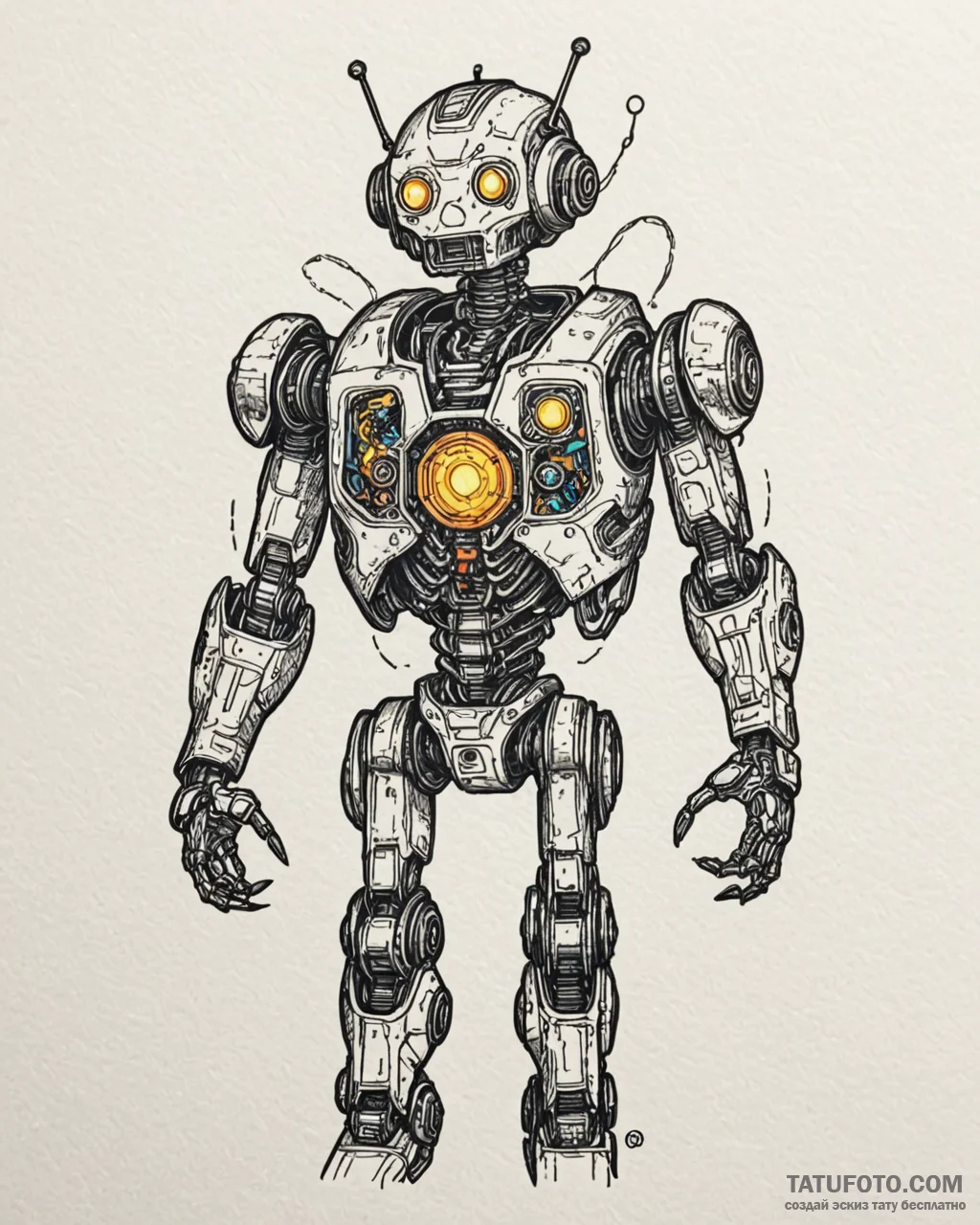 Tattoo sketch, robots with glowing circuitry,… — эскиз тату (№1753207189_0, 22.07.2025 17:59) — Tatufoto.com