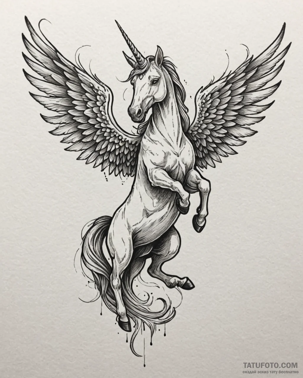 Tattoo sketch, unicorn with wings spread, fan… — эскиз тату (№1753207275_0, 22.07.2025 18:01) — Tatufoto.com