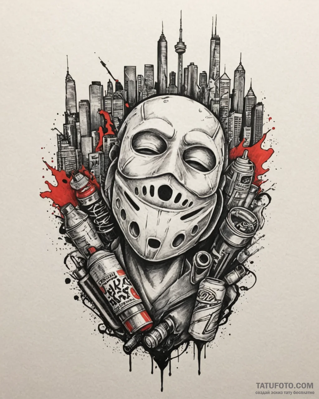 Tat tattoo sketch, graffiti artist’s mask wit... - эскиз тату (№1753207610_0, 22.07.2025 18:06) — Tatufoto.com