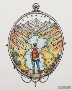 Tattoo sketch, traveler with backpack standin... - эскиз тату (№1753212451_0, 22.07.2025 19:27) — Tatufoto.com