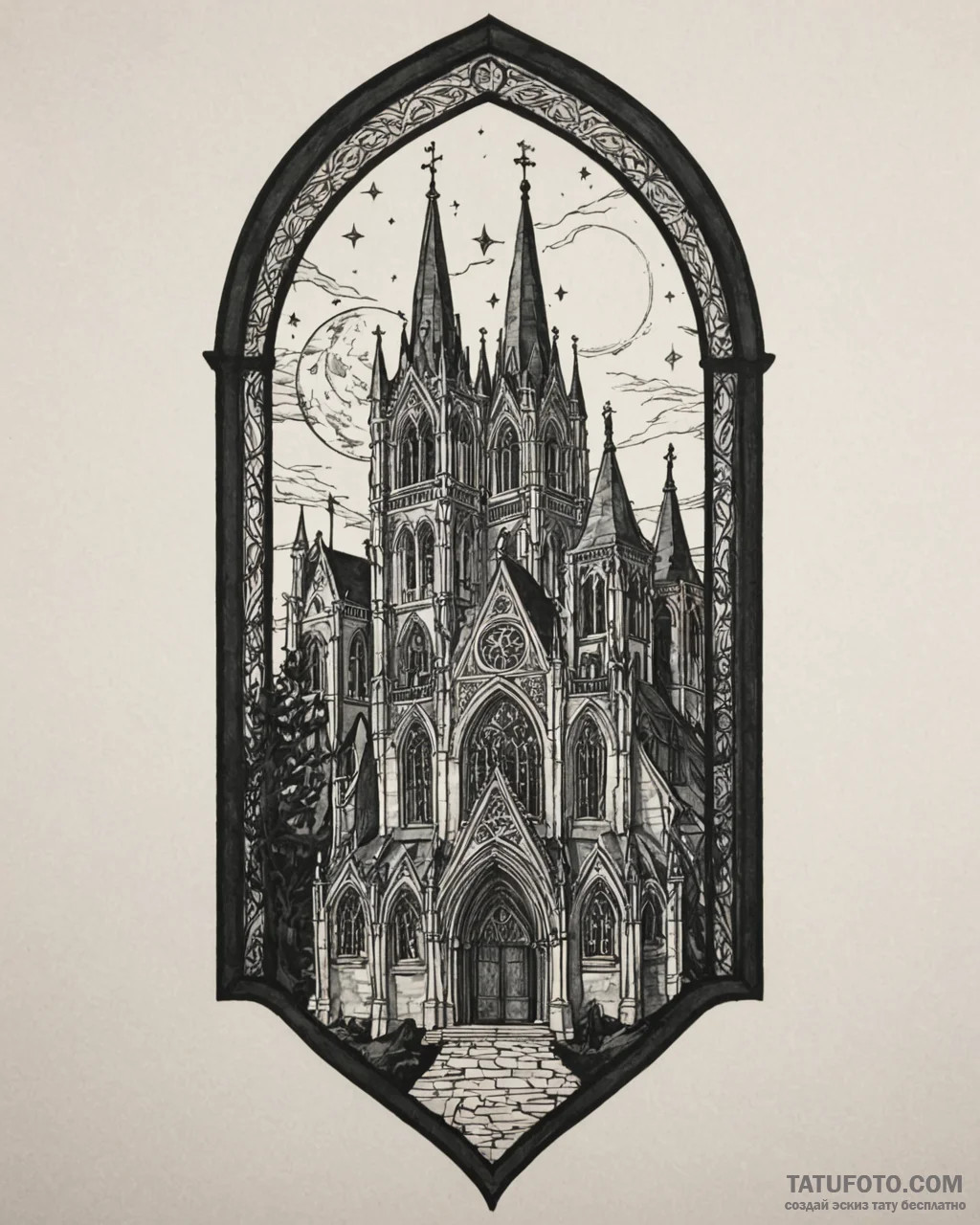 Tat tattoo sketch, gothic cathedral with poin… — эскиз тату (№1753213121_0, 22.07.2025 19:38) — Tatufoto.com