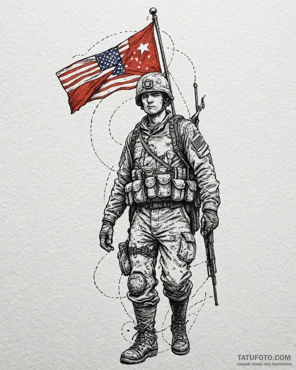Tat tattoo sketch, soldier holding flag with... - эскиз тату (№1753214392_0, 22.07.2025 19:59) — Tatufoto.com