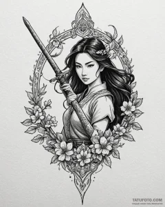 Tattoo sketch, mulan warrior crest with sword... - эскиз тату (№1753215586_0, 22.07.2025 20:19) — Tatufoto.com