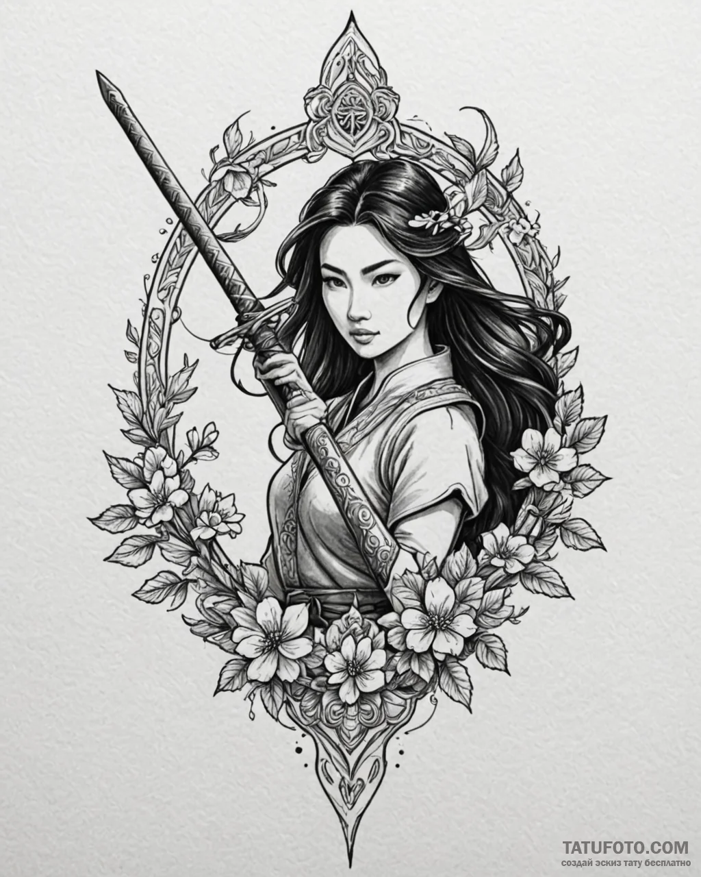 Tattoo sketch, mulan warrior crest with sword… — эскиз тату (№1753215586_0, 22.07.2025 20:19) — Tatufoto.com