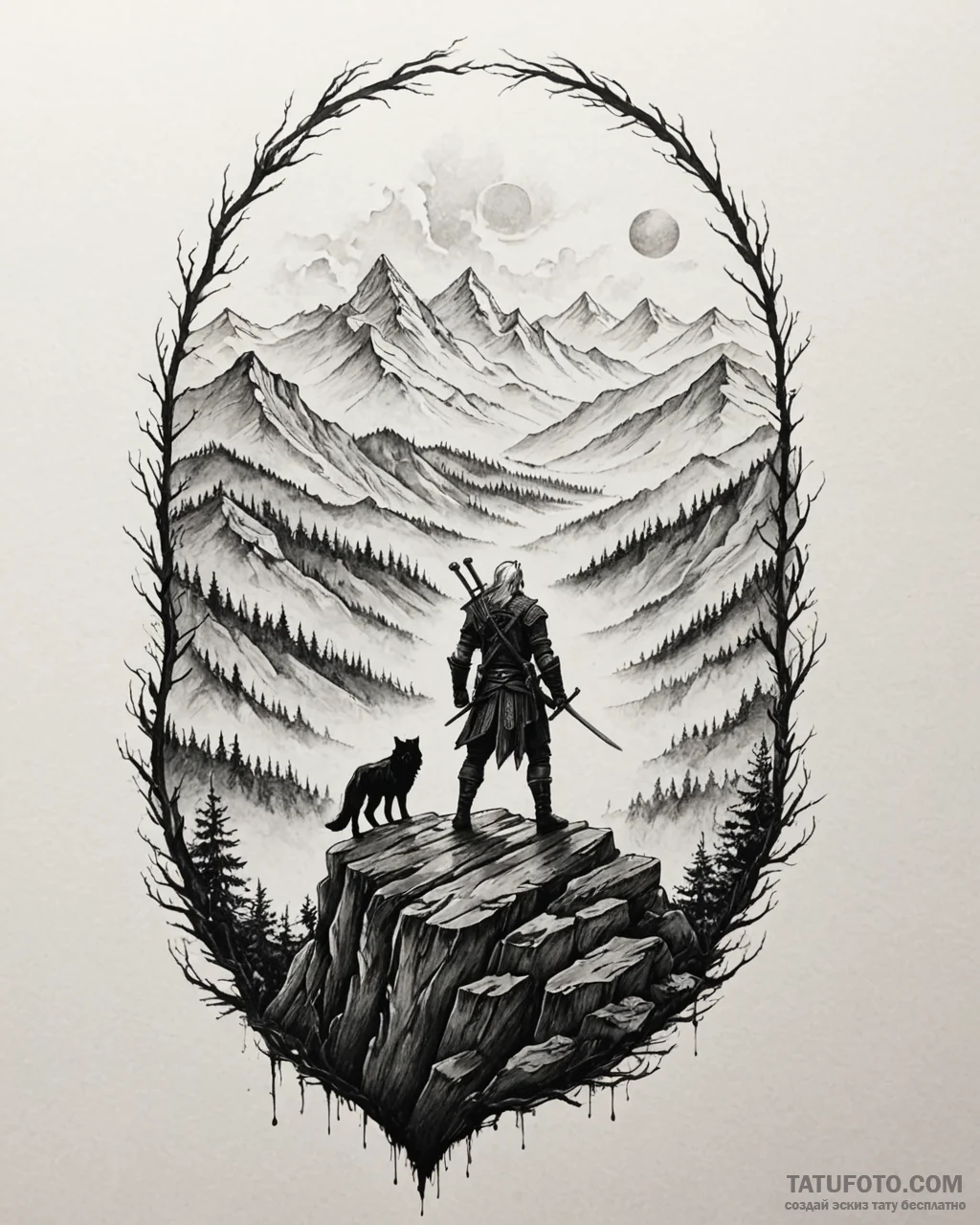 Tattoo sketch, vesemir standing on cliff edge… — эскиз тату (№1753215774_0, 22.07.2025 20:22) — Tatufoto.com