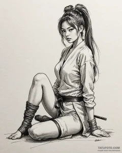 The samurai girl is sitting on the floor in a... - чёрно-белая, тонкая линия - эскиз тату (№1753215887_0, 22.07.2025 20:24) — Tatufoto.com