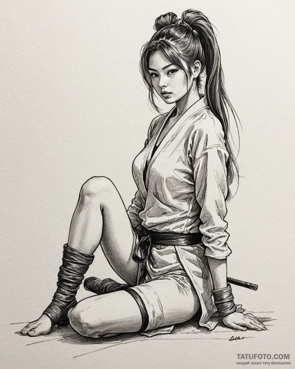 The samurai girl is sitting on the floor in a… — чёрно-белая, тонкая линия — эскиз тату (№1753215887_0, 22.07.2025 20:24) — Tatufoto.com