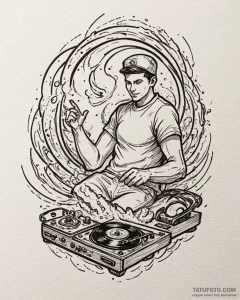 Tat tattoo sketch, dj spinning vinyl with neo... - эскиз тату (№1753215950_0, 22.07.2025 20:25) — Tatufoto.com