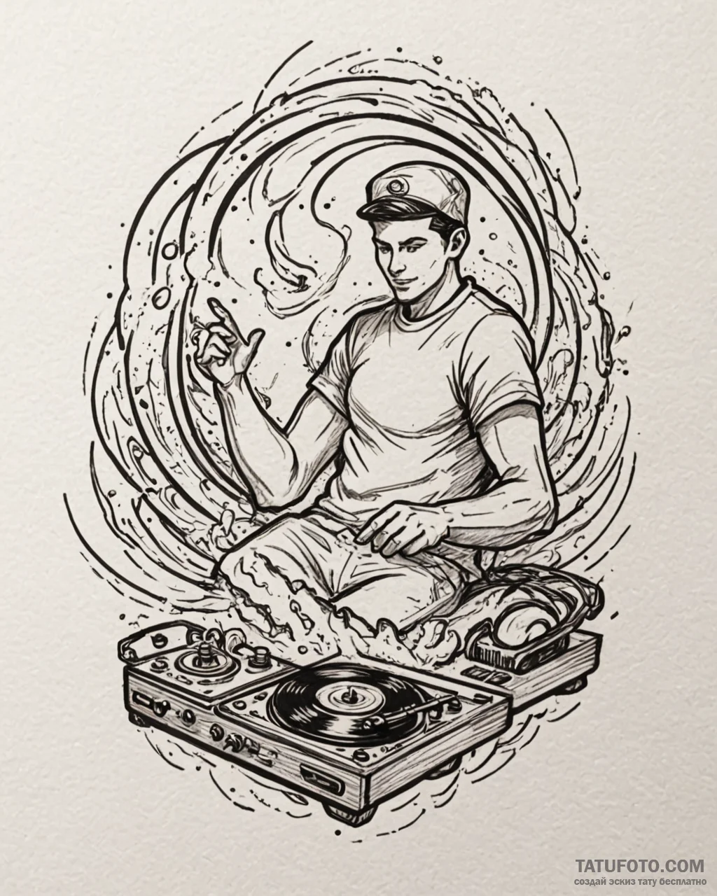 Tat tattoo sketch, dj spinning vinyl with neo… — эскиз тату (№1753215950_0, 22.07.2025 20:25) — Tatufoto.com