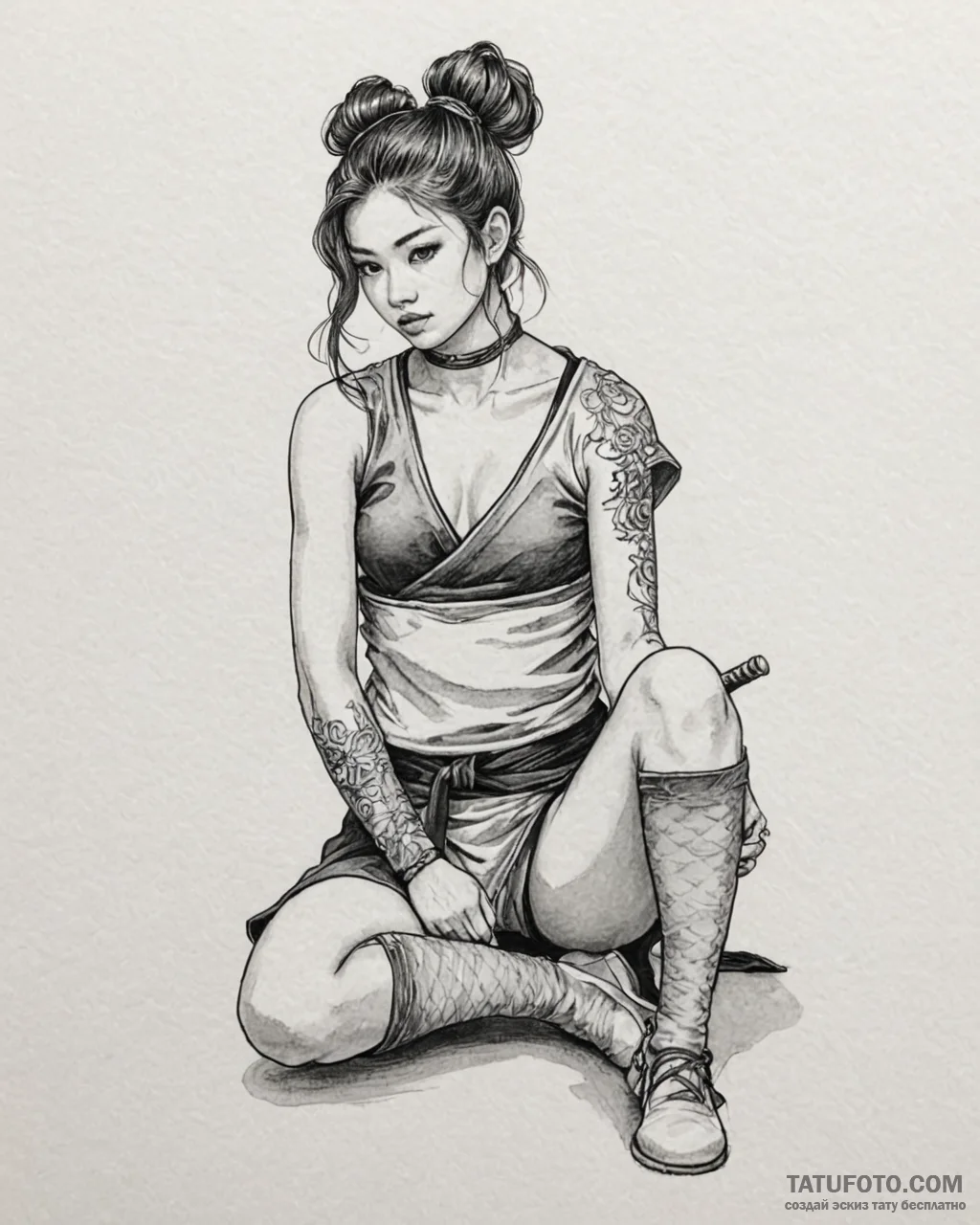 The samurai girl is sitting on the floor in a… — чёрно-белая, black & grey — эскиз тату (№1753215993_0, 22.07.2025 20:26) — Tatufoto.com