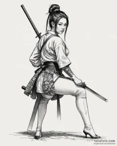 The samurai girl is sitting on the floor in a... - изолировано на чисто-белом, эскиз на листе бумаги (презентация) - эск (№1753216110_0, 22.07.2025 20:28) — Tatufoto.com
