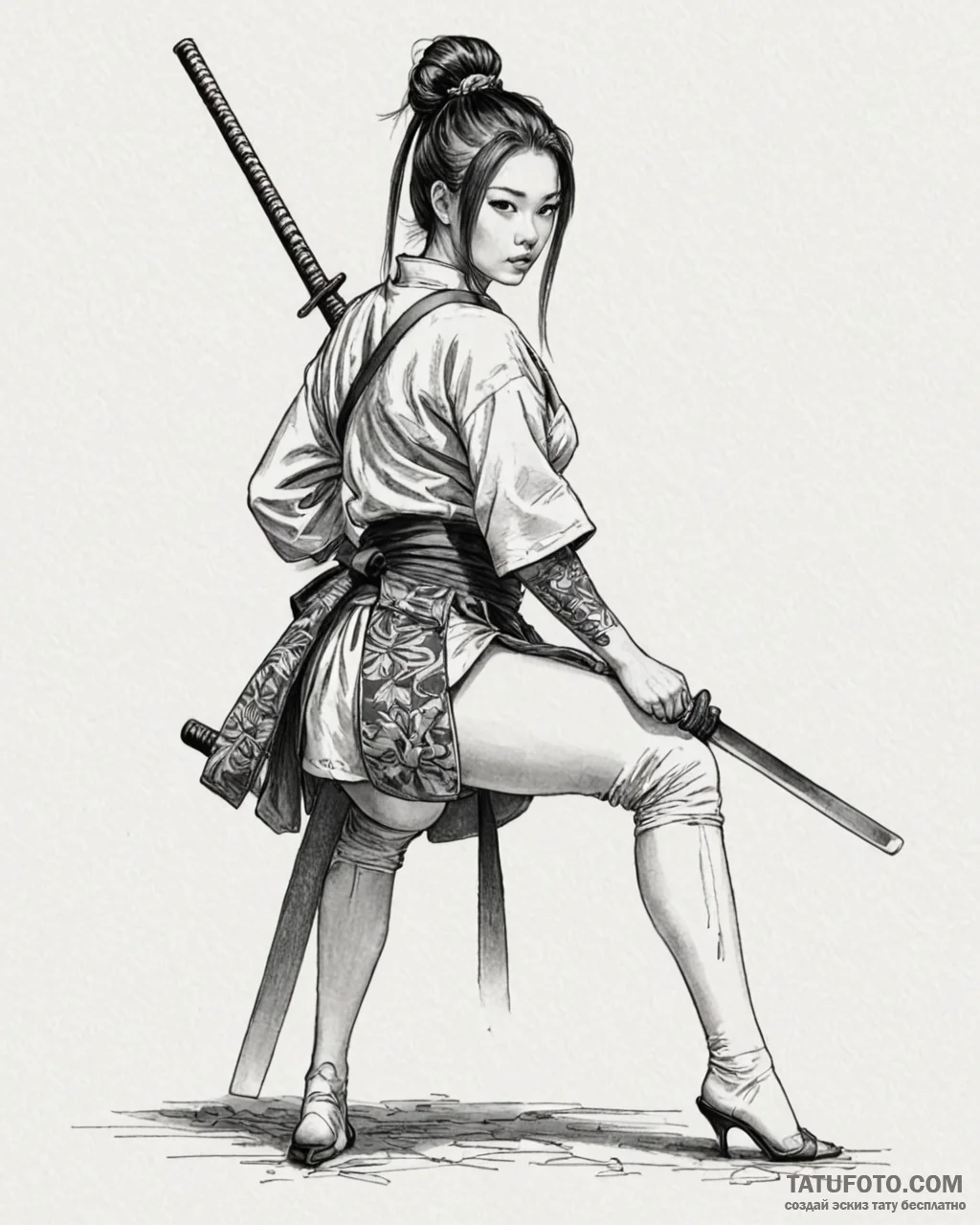 The samurai girl is sitting on the floor in a... - изолировано на чисто-белом, эскиз на листе бумаги (презентация) - эск (№1753216110_0, 22.07.2025 20:28) — Tatufoto.com