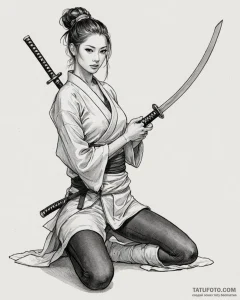 The samurai girl is半 reclined on the floor in... - изолировано на чисто-белом, эскиз на листе бумаги (презентация) - эск (№1753216374_0, 22.07.2025 20:32) — Tatufoto.com