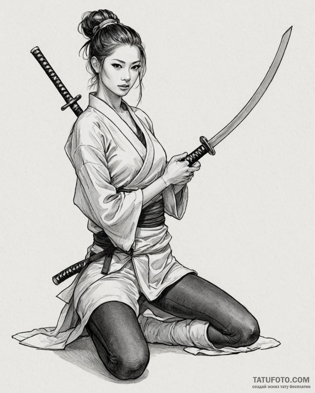 The samurai girl is半 reclined on the floor in... - изолировано на чисто-белом, эскиз на листе бумаги (презентация) - эск (№1753216374_0, 22.07.2025 20:32) — Tatufoto.com