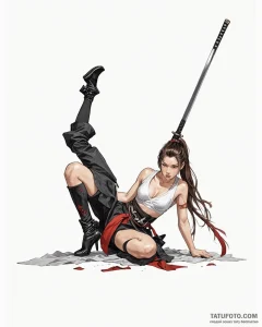 The samurai girl is半 reclined on the floor in... - минимализм, трэш-полька - эскиз тату (№1753216437_0, 22.07.2025 20:33) — Tatufoto.com