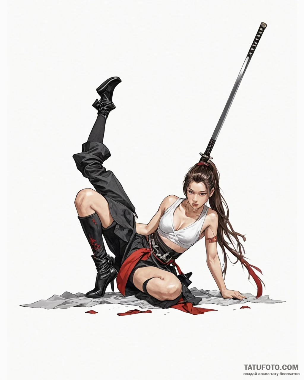 The samurai girl is半 reclined on the floor in... - минимализм, трэш-полька - эскиз тату (№1753216437_0, 22.07.2025 20:33) — Tatufoto.com
