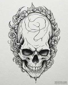 Tattoo sketch, skull with powerful handwritte... - эскиз тату (№1753220255_0, 22.07.2025 21:37) — Tatufoto.com