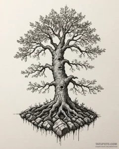 Tat tattoo sketch, mighty oak roots breaking... - эскиз тату (№1753220530_0, 22.07.2025 21:42) — Tatufoto.com