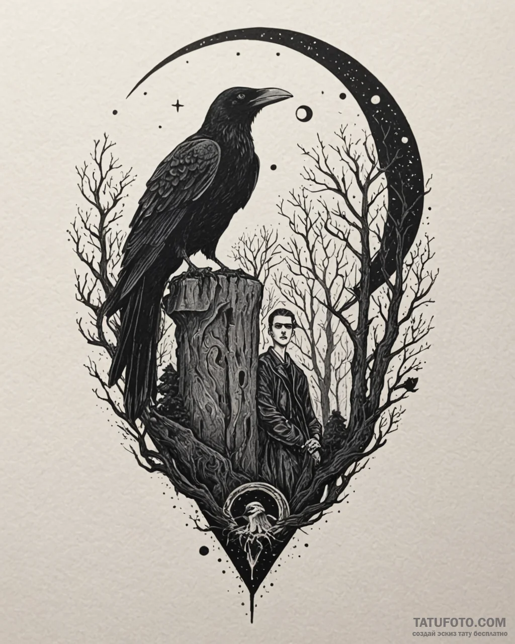 Tat tattoo sketch, goth figure standing tall… — эскиз тату (№1753220980_0, 22.07.2025 21:49) — Tatufoto.com