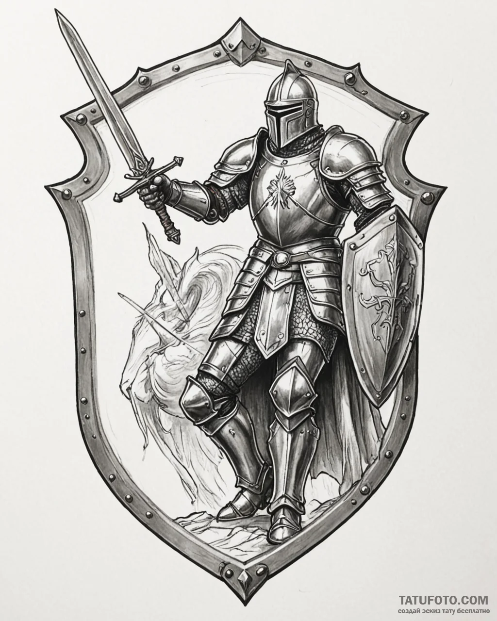 Tat tattoo sketch, heroic knight clad in shin… — эскиз тату (№1753221156_0, 22.07.2025 21:52) — Tatufoto.com