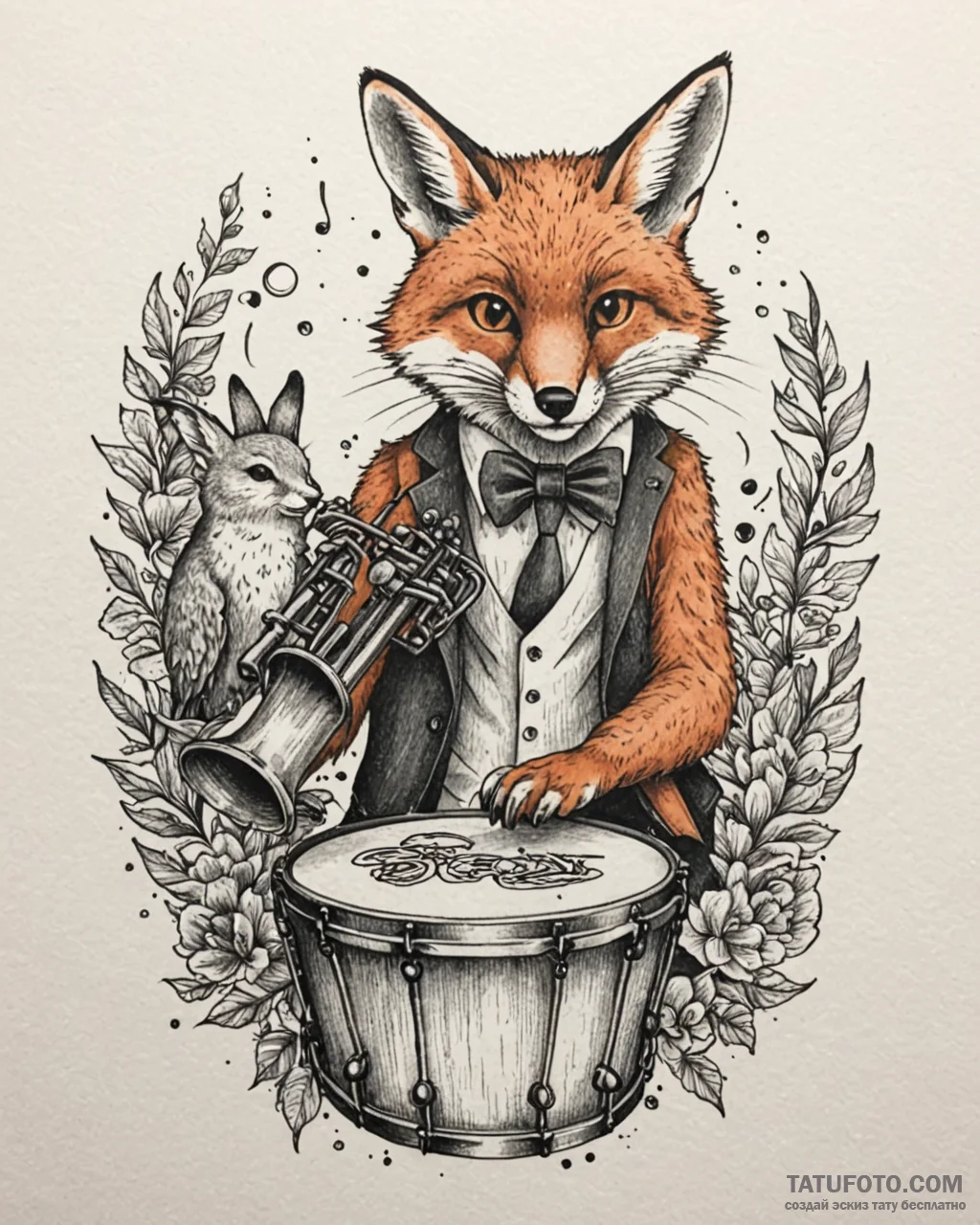 Tattoo sketch, cartoon music animals playing... - эскиз тату (№1753221504_0, 22.07.2025 21:58) — Tatufoto.com
