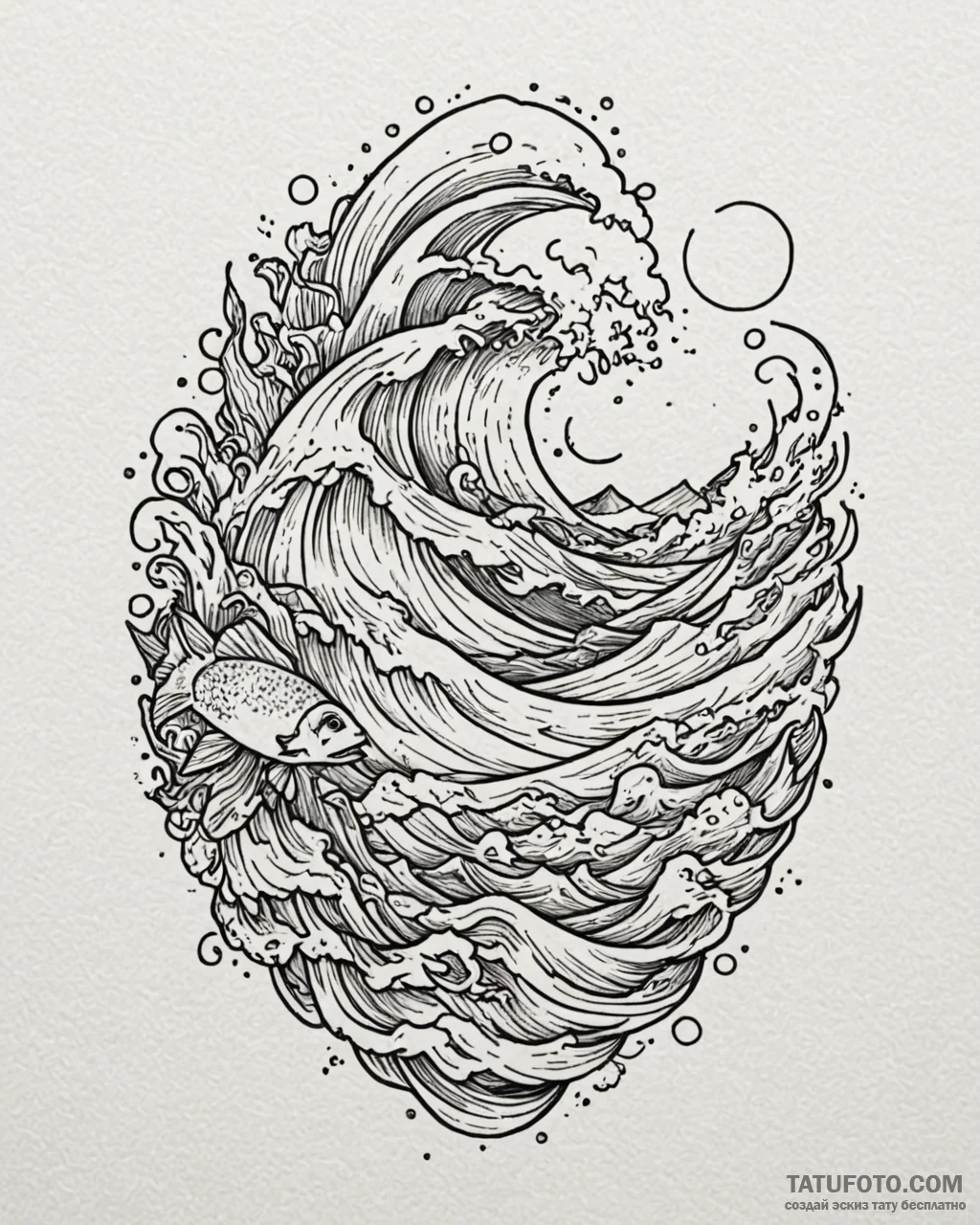 Tattoo sketch, waves crashing with playful fi... - эскиз тату (№1753221673_0, 22.07.2025 22:01) — Tatufoto.com