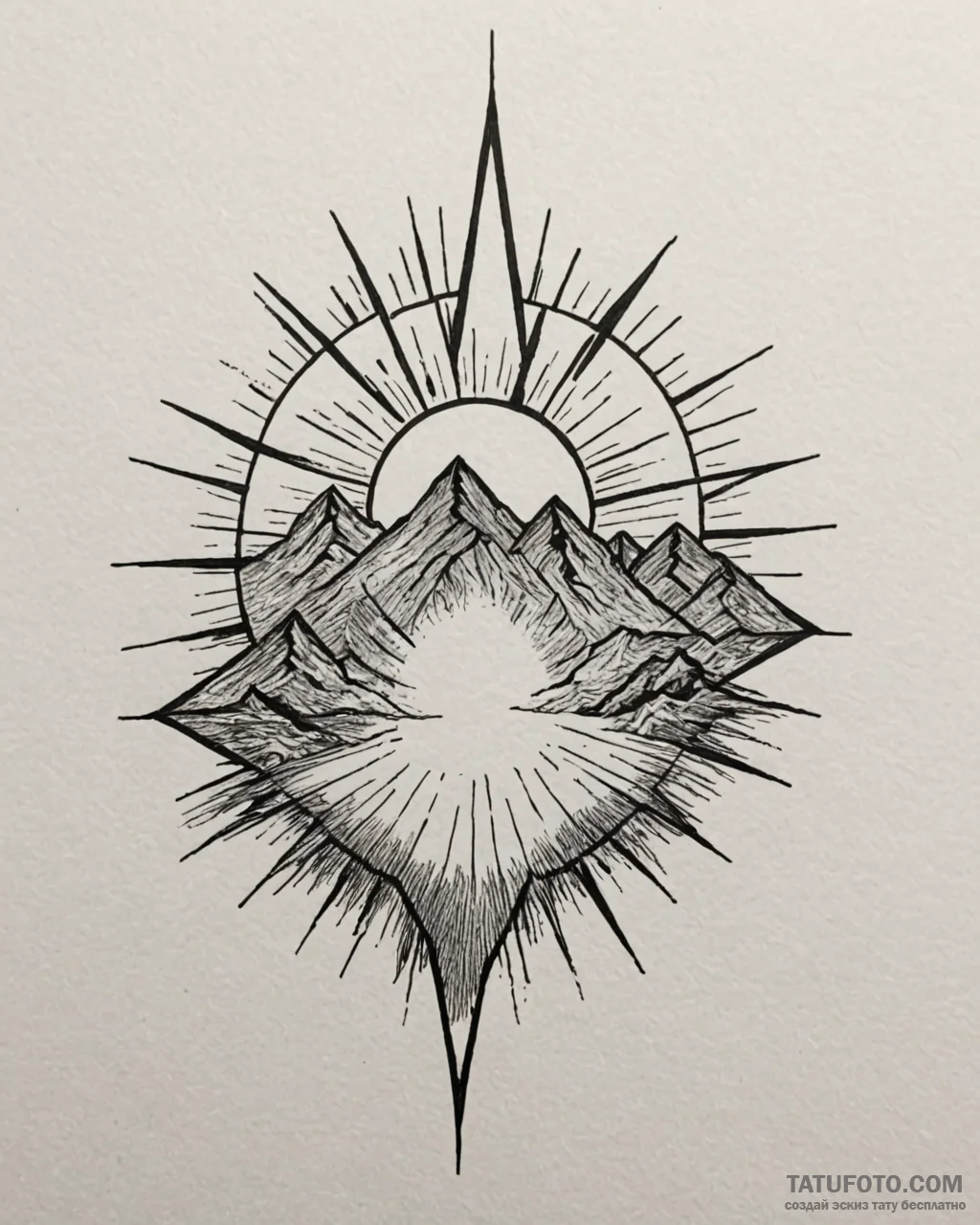 Tattoo sketch, sun rising behind mountain pea... - эскиз тату (№1753222194_0, 22.07.2025 22:09) — Tatufoto.com