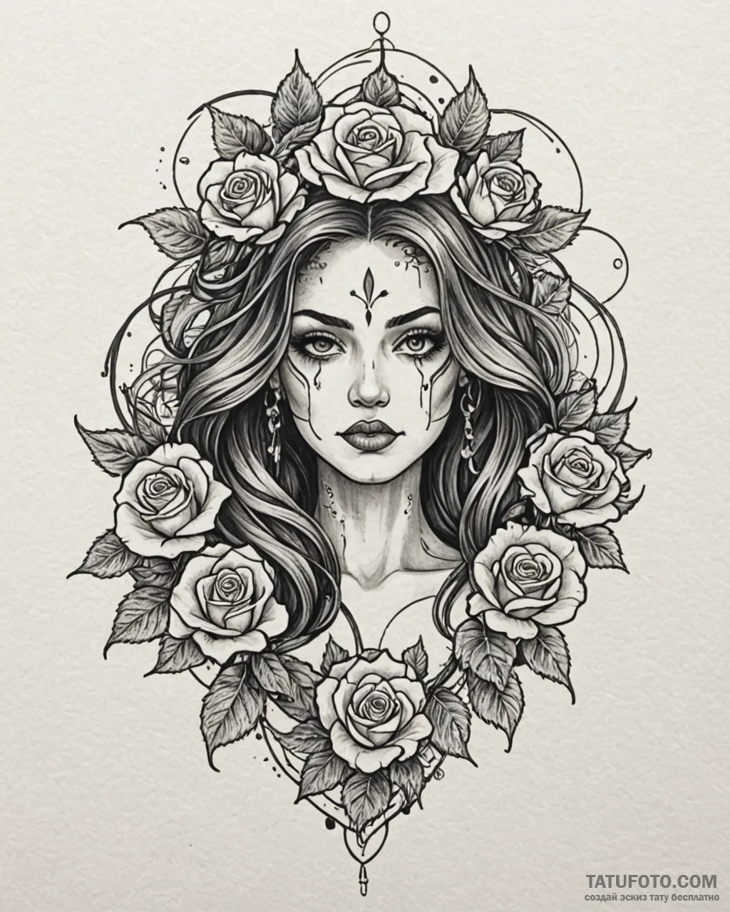 Tattoo sketch, ged with glowing eyes and flow… — эскиз тату (№1753222787_0, 22.07.2025 22:19) — Tatufoto.com
