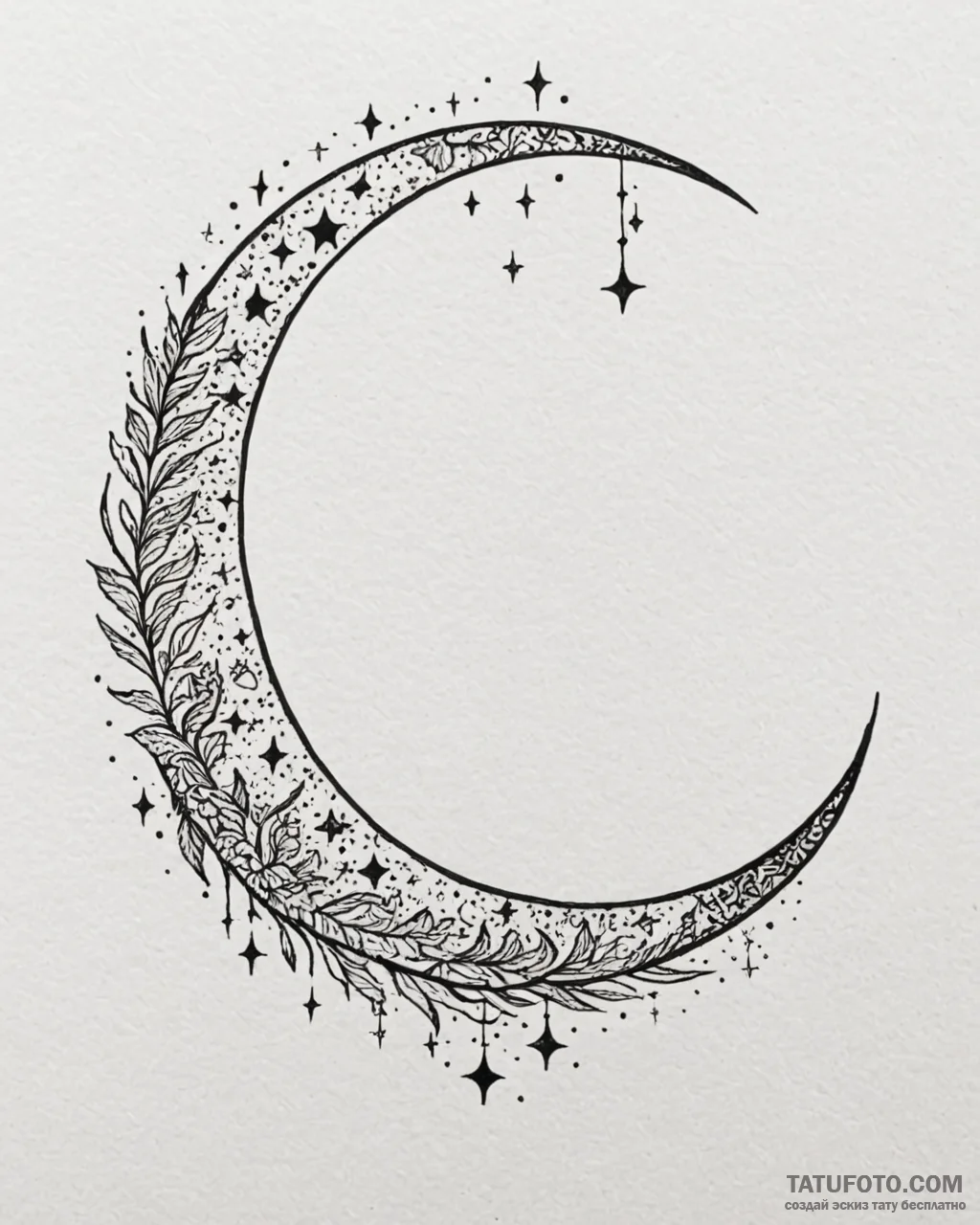 Tattoo sketch, thin crescent moon surrounded... - эскиз тату (№1753223633_0, 22.07.2025 22:33) — Tatufoto.com